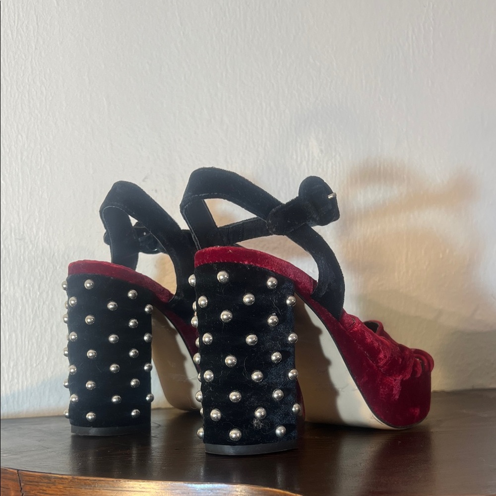 Zara Deep Red and Black Velvet Platform Heels Silver Studs Heel Sz 40 9 - Picture 2 of 6